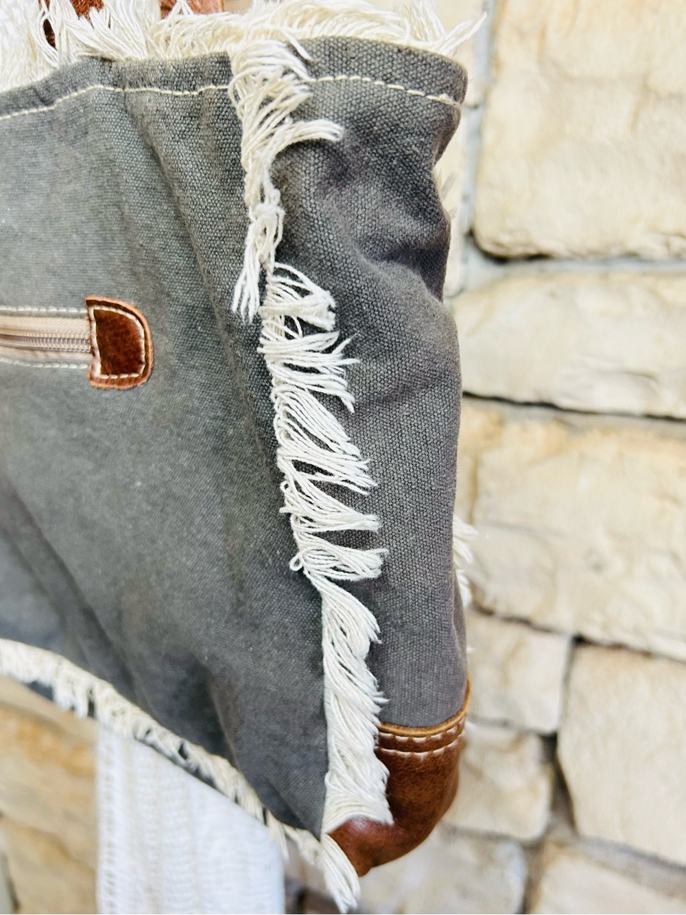Myra Bag -Canvas and Leather Gray-Tan Tote Bag with Cream Pattern - Picture 4 of 5